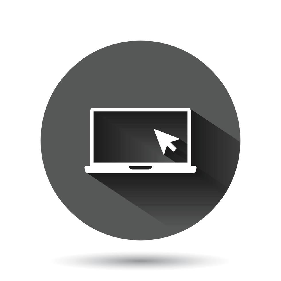 Laptop computer icon in flat style. Cursor on notebook vector illustration on black round background with long shadow effect. Monitor circle button business concept.