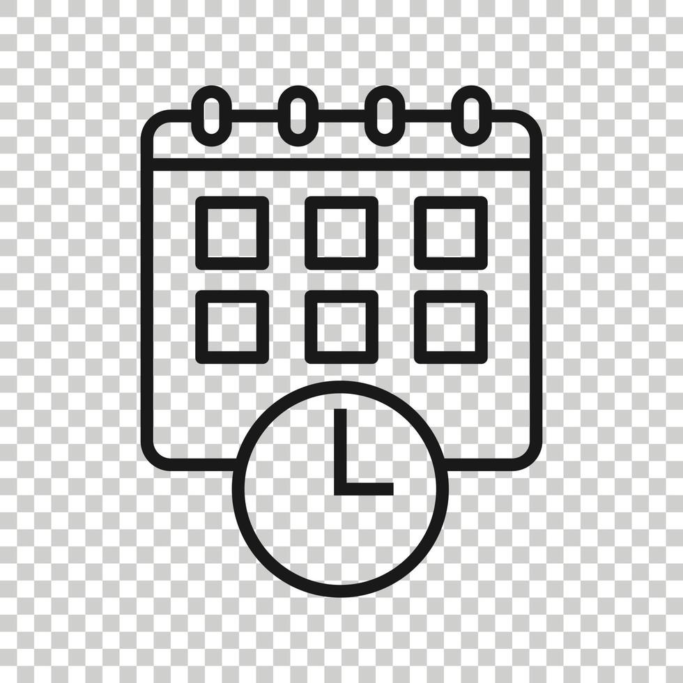 Calendar with clock icon in flat style. Agenda vector illustration on white isolated background. Schedule time planner business concept.