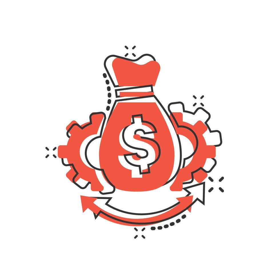 Money optimization icon in comic style. Gear effective cartoon vector illustration on white isolated background. Finance process splash effect business concept.