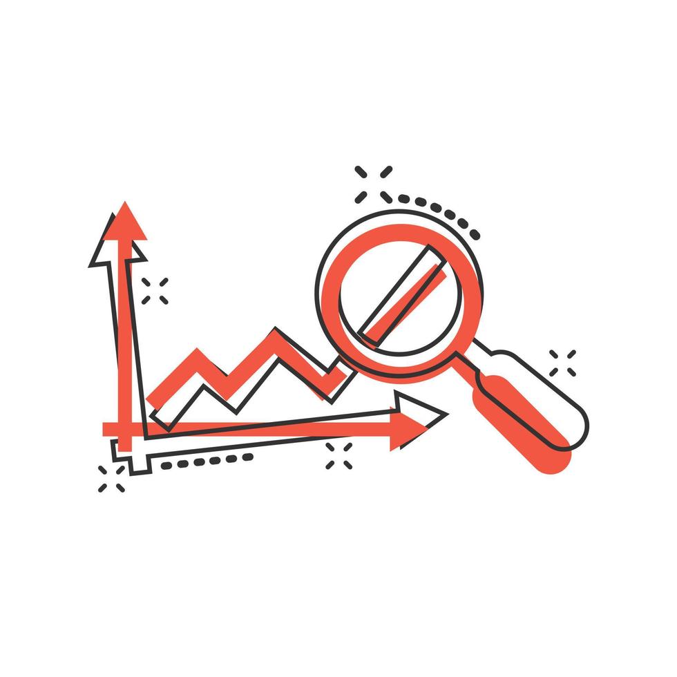 Market trend icon in comic style. Growth arrow with magnifier cartoon vector illustration on white isolated background. Increase splash effect business concept.