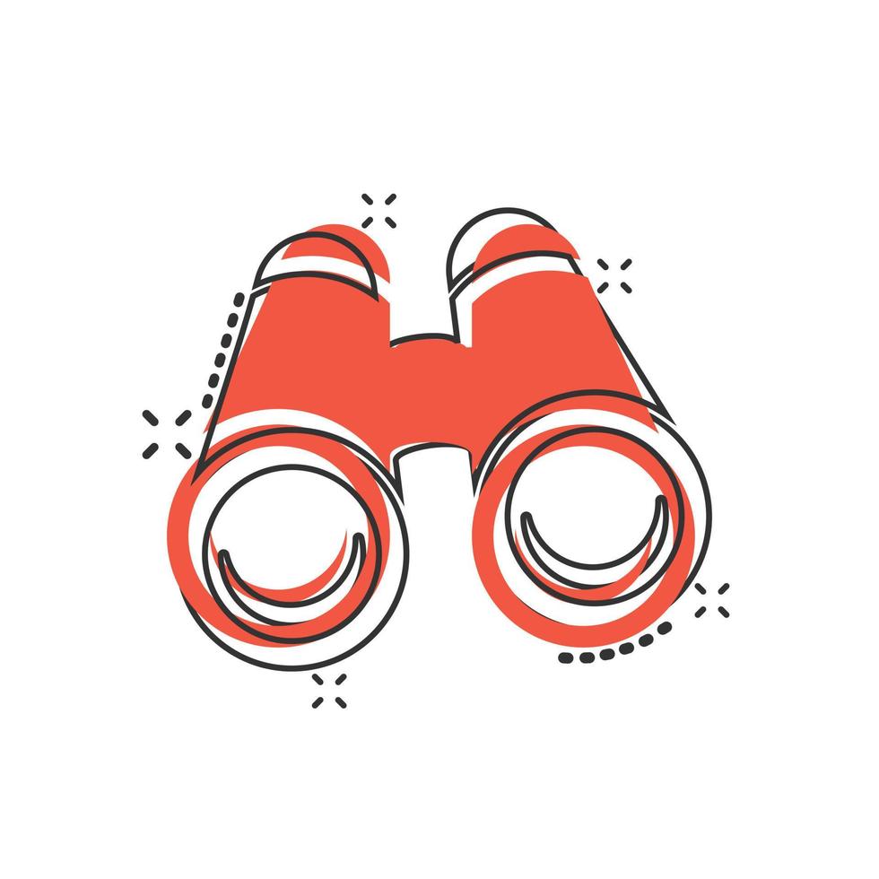 icono binocular en estilo cómico. buscar ilustración vectorial de dibujos animados sobre fondo blanco aislado. concepto de negocio de efecto de salpicadura de zoom. vector