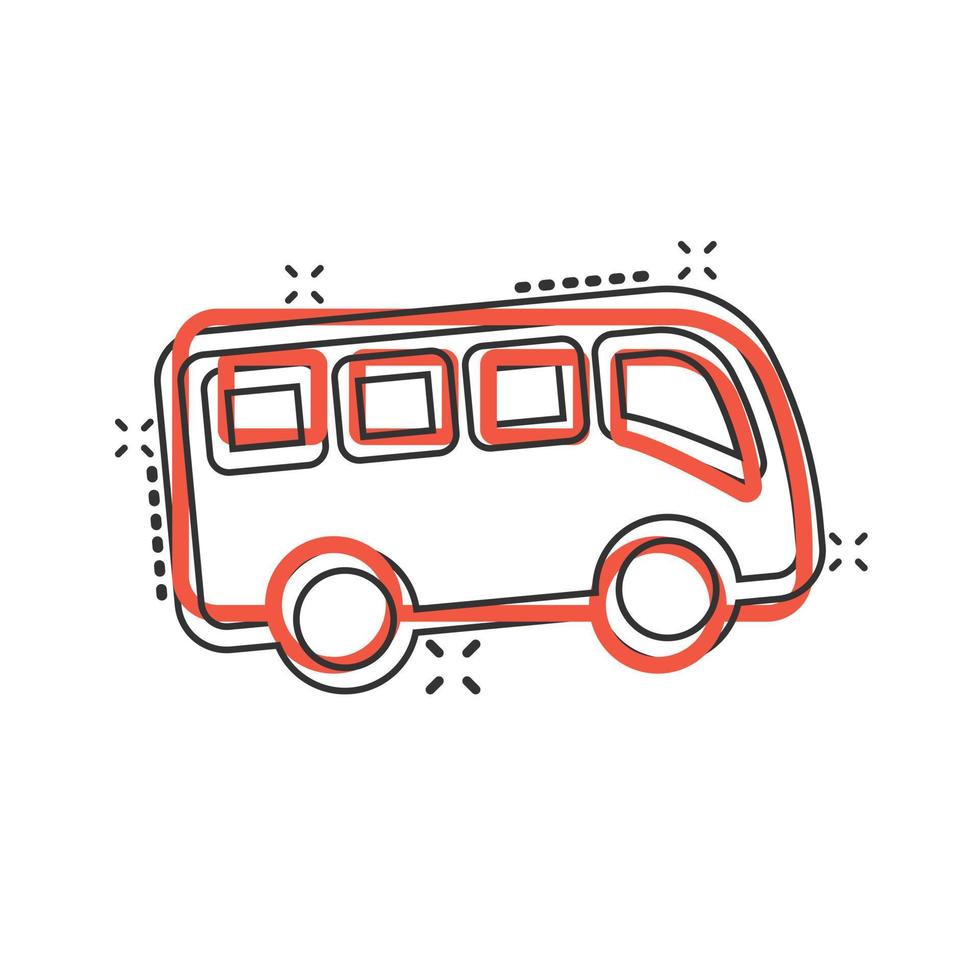 icono de autobús en estilo cómico. ilustración de vector de dibujos animados de entrenador sobre fondo blanco aislado. concepto de negocio de efecto de salpicadura de vehículo autobus.