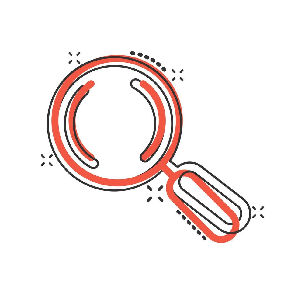 Loupe sign icon in comic style. Magnifier cartoon vector illustration on white isolated background. Search splash effect business concept.