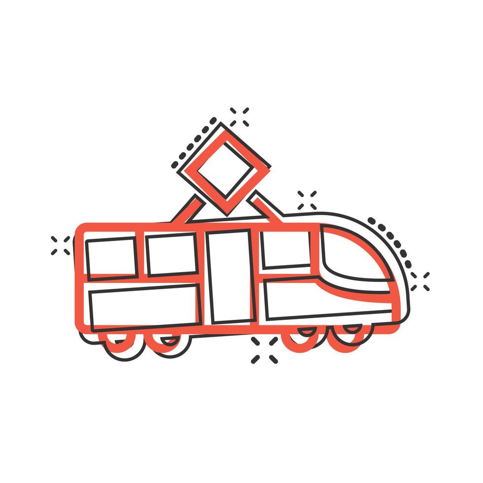 Metro icon in comic style. Train subway cartoon vector illustration on white isolated background. Railroad cargo splash effect business concept.