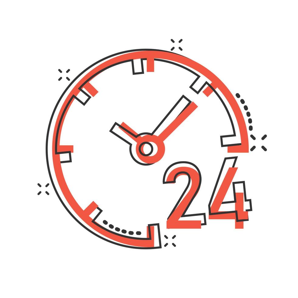 icono de reloj 24 7 en estilo cómico. ver ilustración de vector de dibujos animados sobre fondo blanco aislado. concepto de negocio de efecto de salpicadura de temporizador.