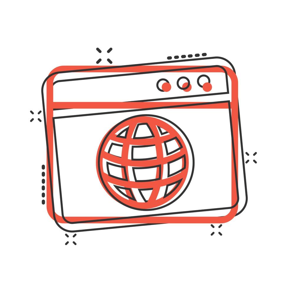 Website domain icon in comic style. Global internet address cartoon vector illustration on white isolated background. Server splash effect business concept.