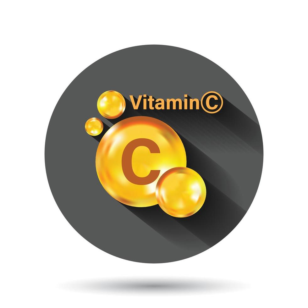 Vitamin C icon in flat style. Pill capcule vector illustration on black round background with long shadow effect. Drug circle button business concept.