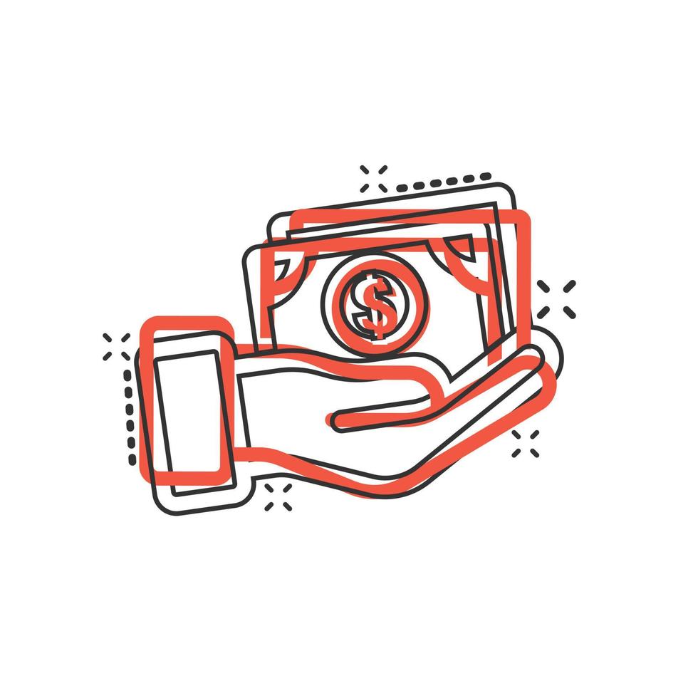 Remuneration icon in comic style. Money in hand cartoon vector illustration on white isolated background. Banknote payroll splash effect business concept.