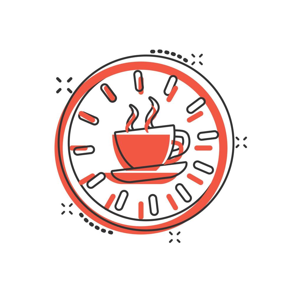 icono de pausa para el café en estilo cómico. reloj con ilustración de vector de dibujos animados de taza de té sobre fondo blanco aislado. concepto de negocio de efecto de salpicadura de tiempo de desayuno.