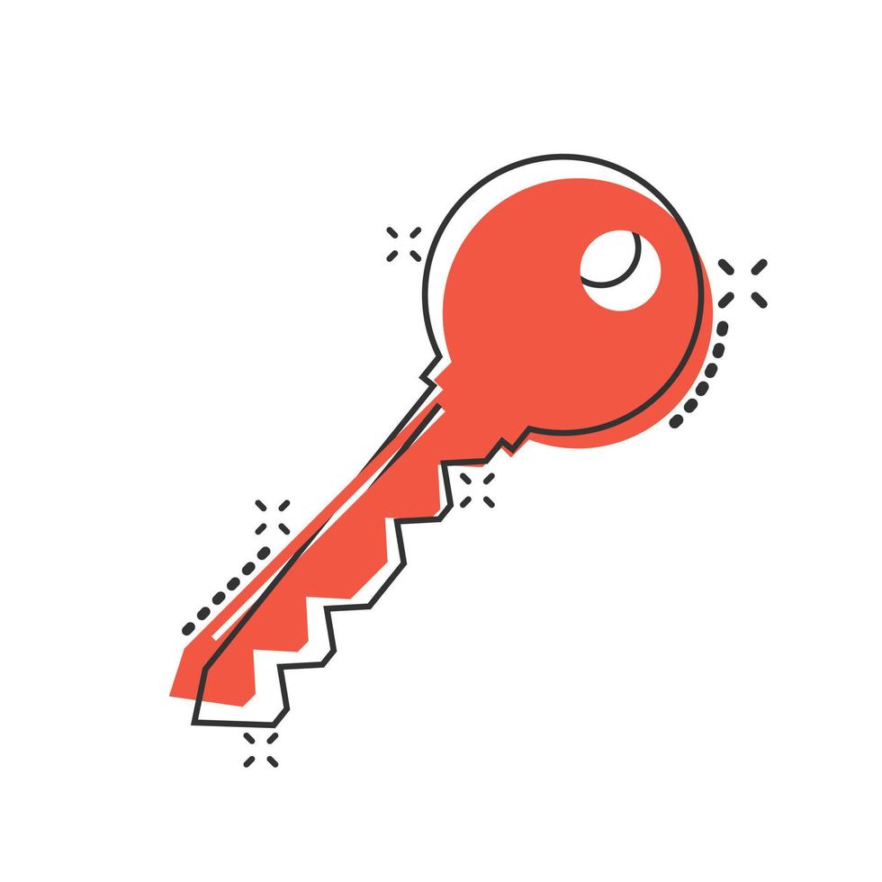Key icon in comic style. Password cartoon vector illustration on white isolated background. Access splash effect business concept.