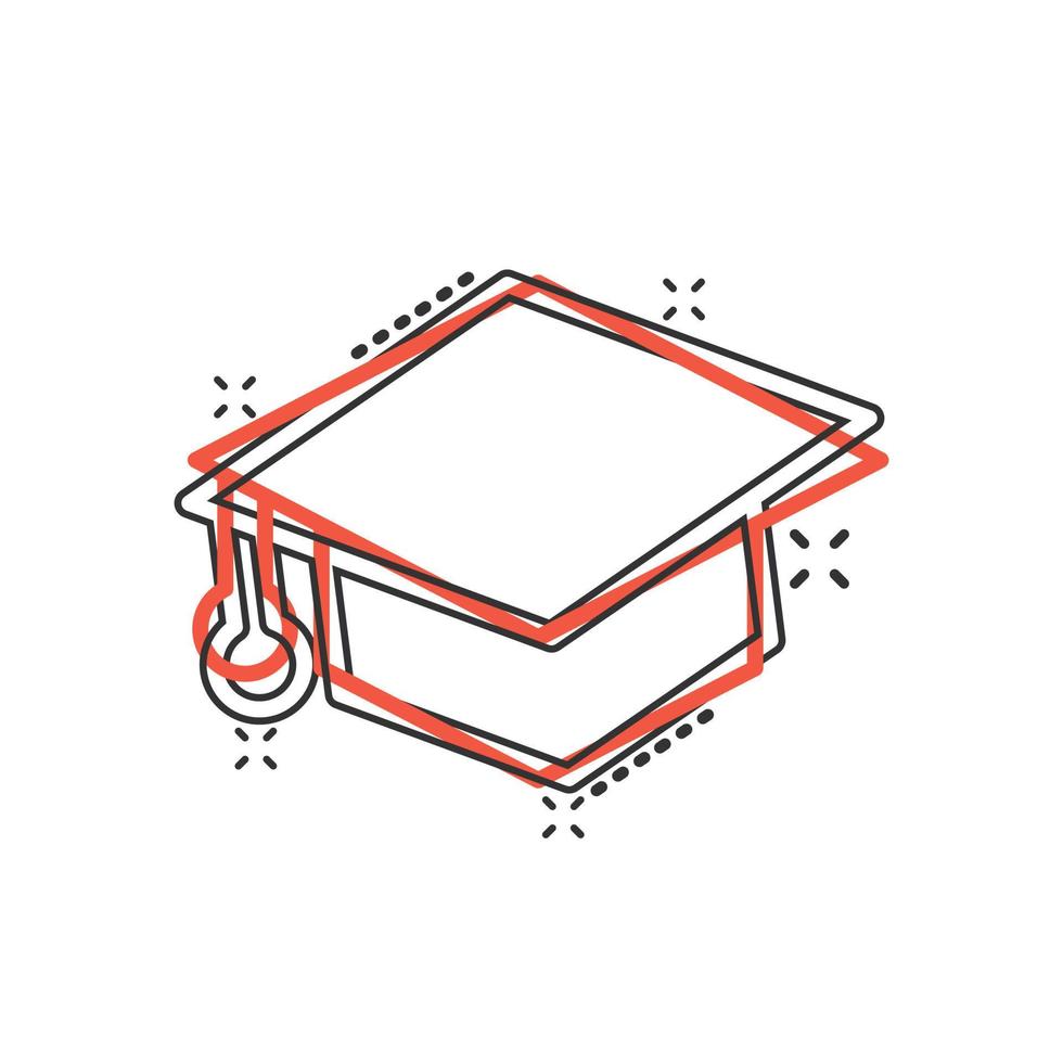 Graduation hat icon in comic style. Student cap cartoon vector illustration on white isolated background. University splash effect business concept.