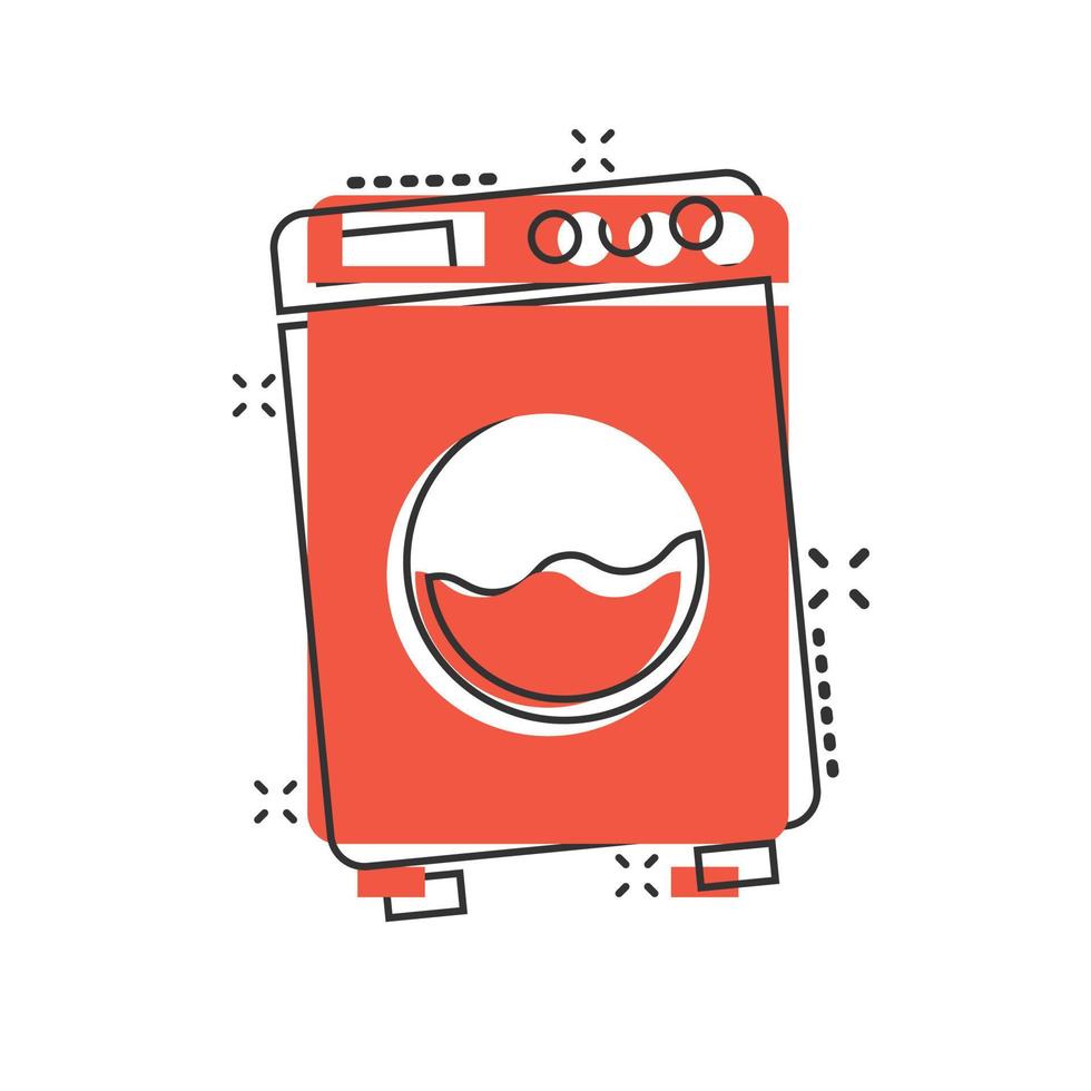 Washing machine icon in comic style. Washer cartoon vector illustration on white isolated background. Laundry splash effect business concept.