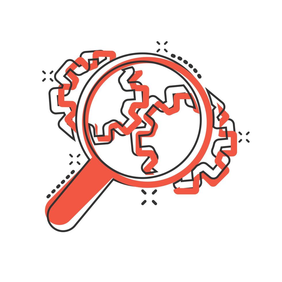 Loupe with gear icon in comic style. Magnifying glass cartoon vector illustration on white isolated background. Seo exploration splash effect business concept.