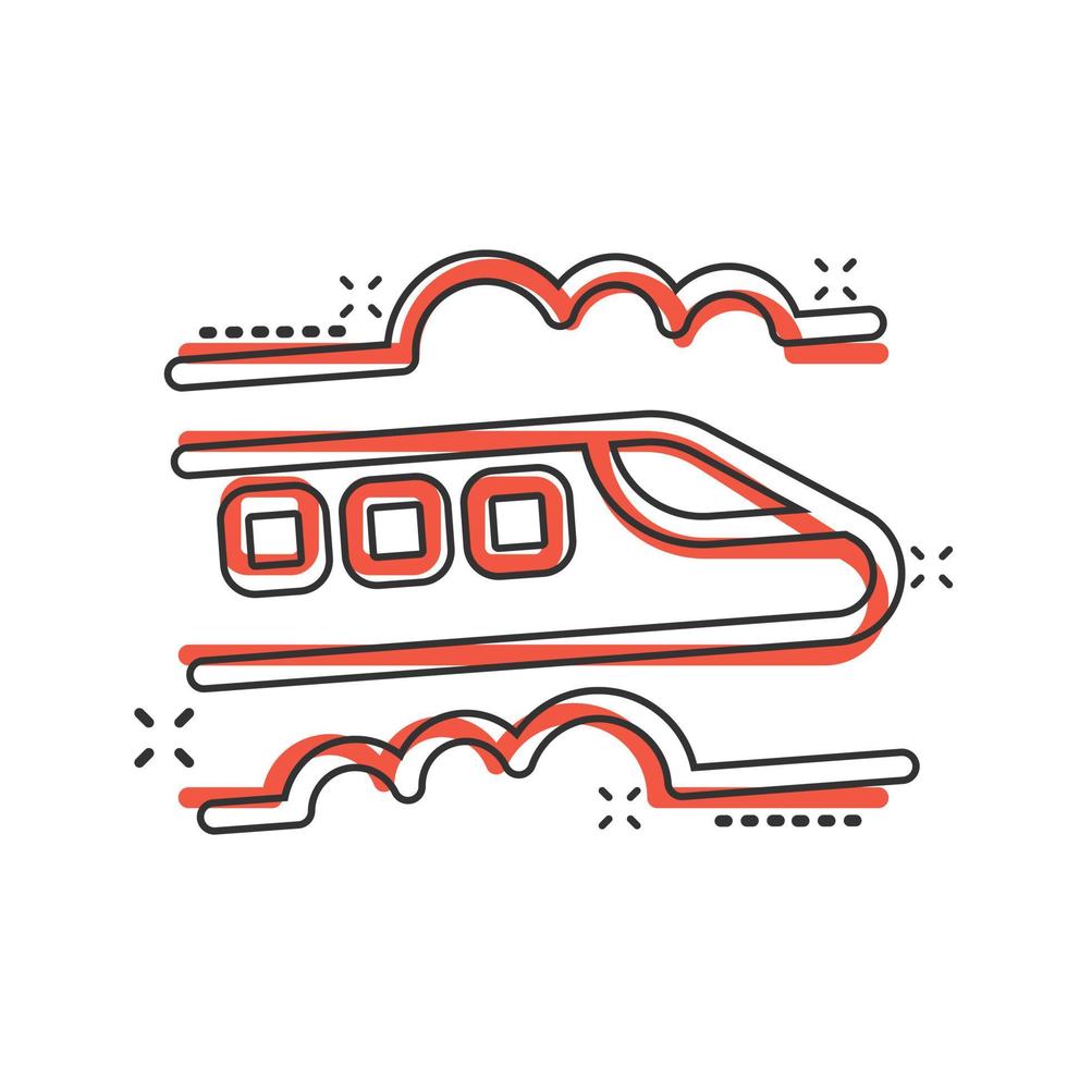 Metro icon in comic style. Train subway cartoon vector illustration on white isolated background. Railroad cargo splash effect business concept.