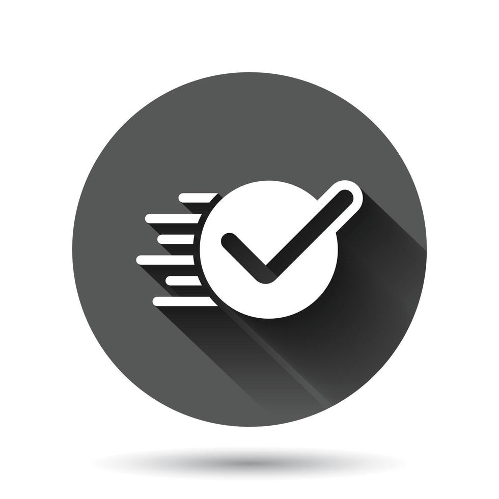 Check mark sign icon in flat style. Confirm button vector illustration on black round background with long shadow effect. Accepted circle button business concept.