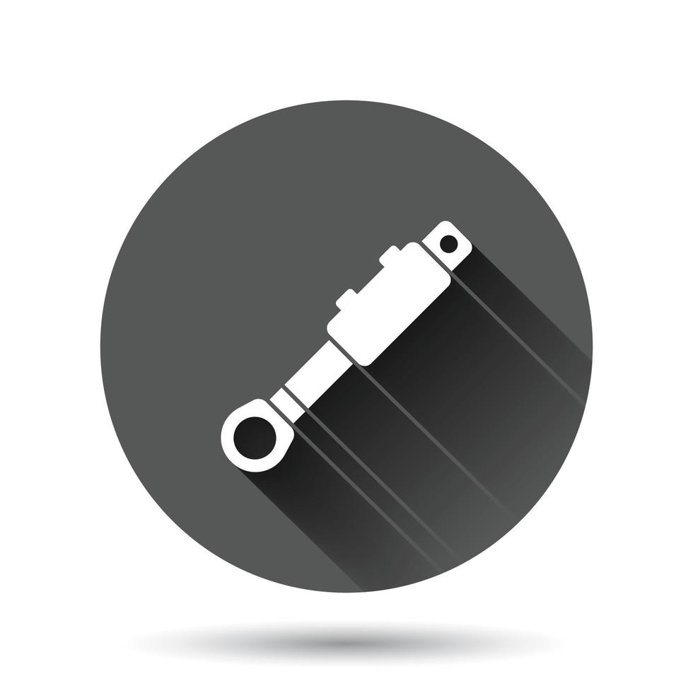 Hydraulic icon in flat style. Cylinder vector illustration on black round background with long shadow effect. Equipment circle button business concept.