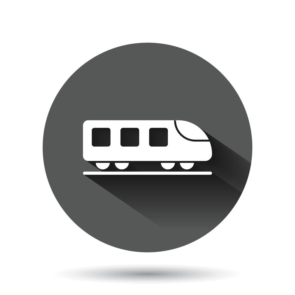 icono de metro en estilo plano. ilustración de vector de metro de tren sobre fondo redondo negro con efecto de sombra larga. Concepto de negocio de botón de círculo de carga de ferrocarril.