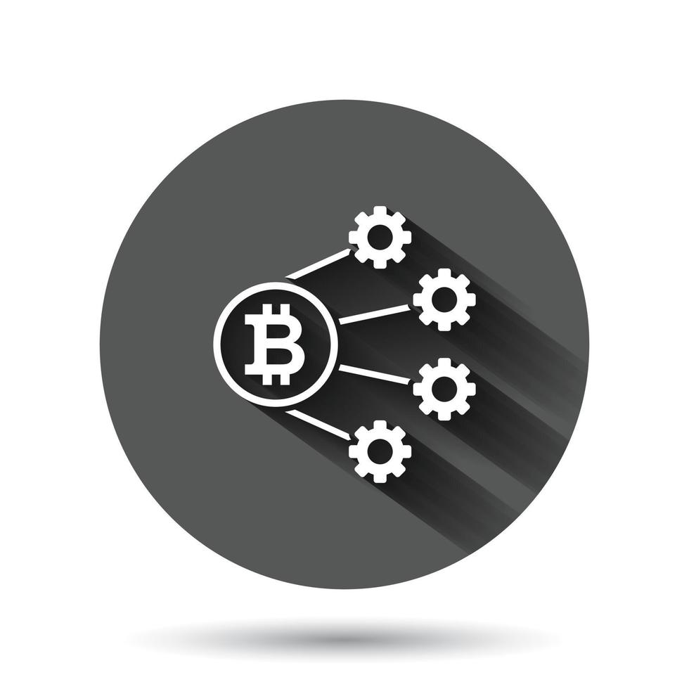 icono de bitcoin en estilo plano. ilustración vectorial de blockchain sobre fondo redondo negro con efecto de sombra larga. concepto de negocio de botón de círculo de criptomoneda. vector