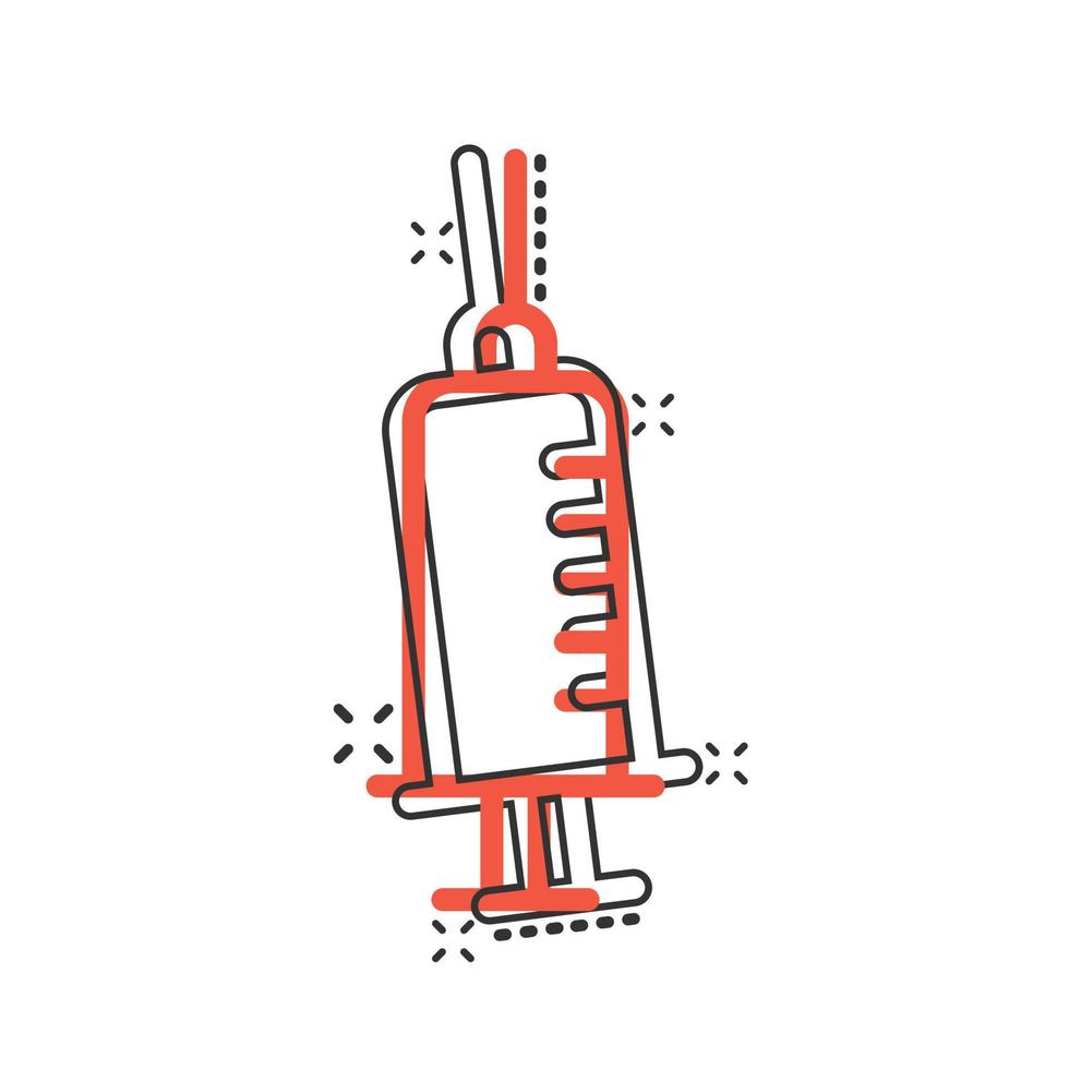 Syringe icon in comic style. Inject needle cartoon vector illustration on white isolated background. Drug dose splash effect business concept.