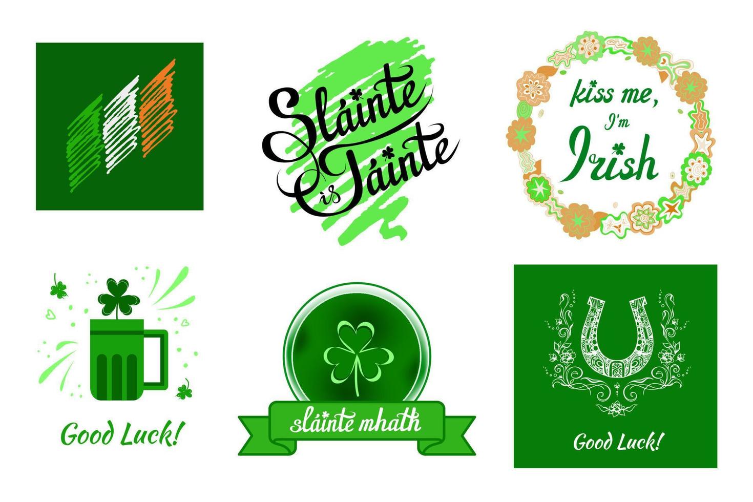 Irish elements, emblems with national flag, wishes of health and luck, beer mug, shamrock, joke in flower wreath, horseshoe. Greeting ornate designs for prints vector