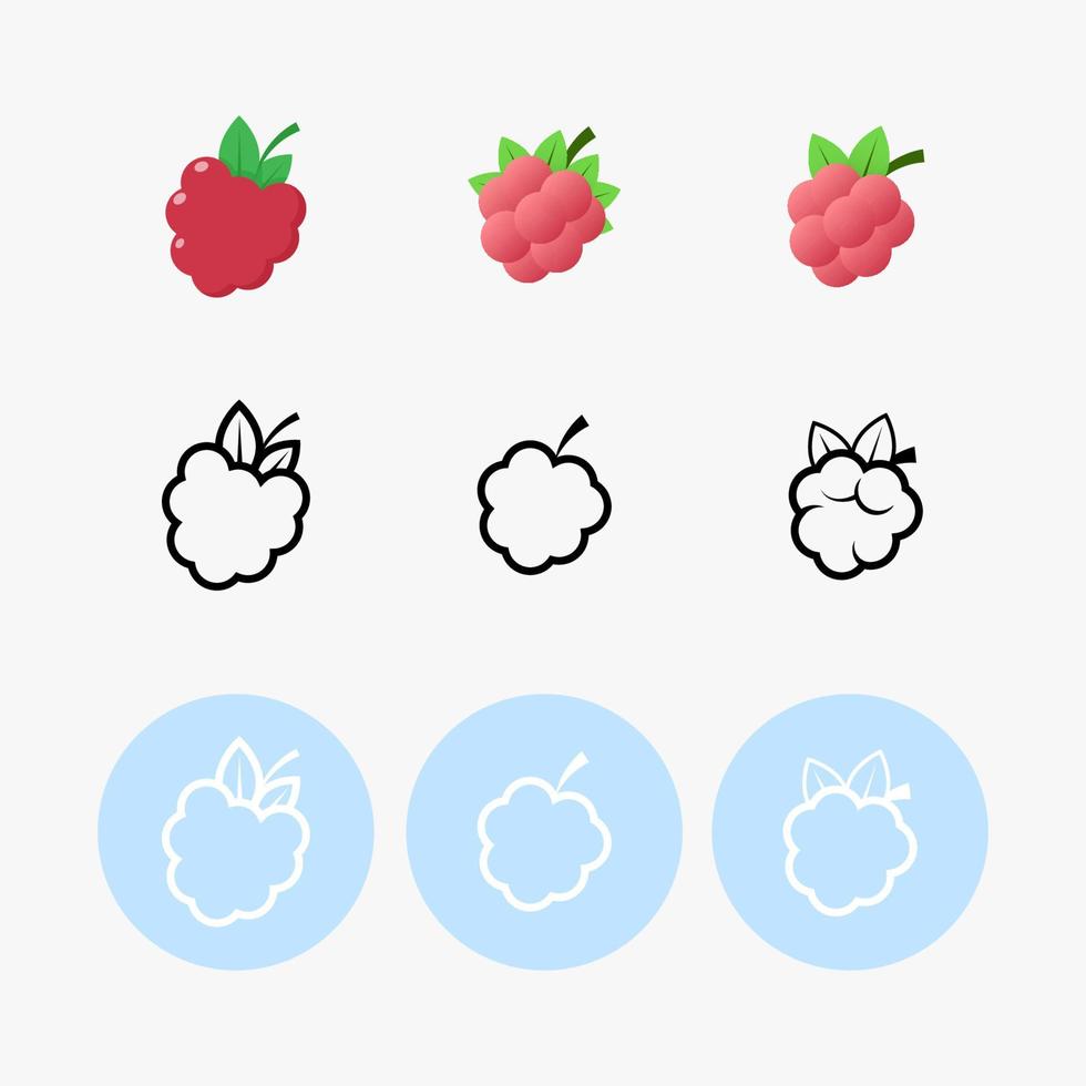 Set of different pink simple raspberries and outlines in black lines vector