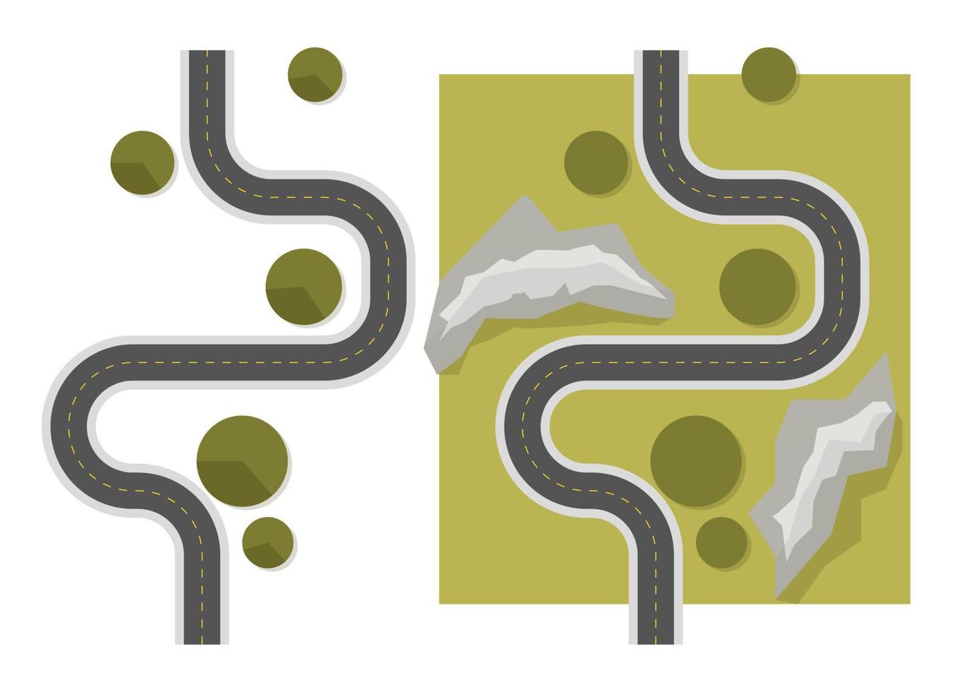 Top view road without cars on a green background and gray mountains vector