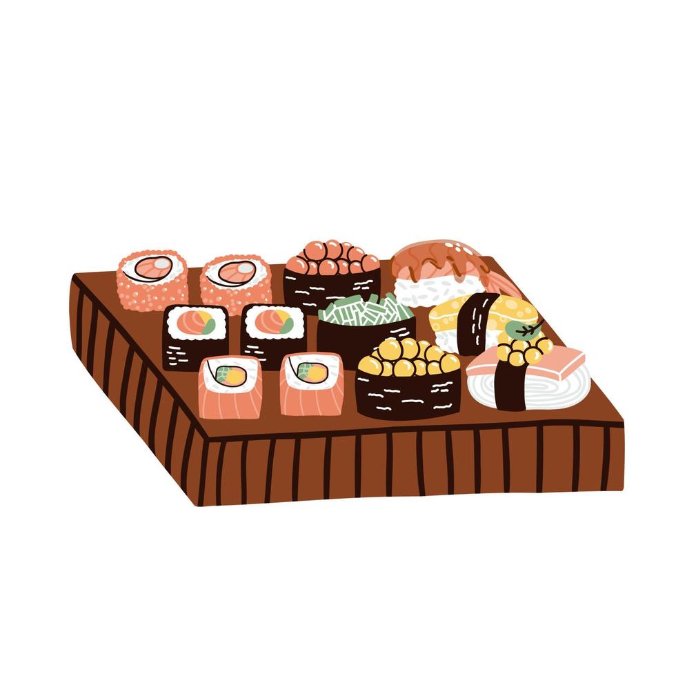 set of sushi on a wooden board. traditional food. hand drawn vector illustration in flat style