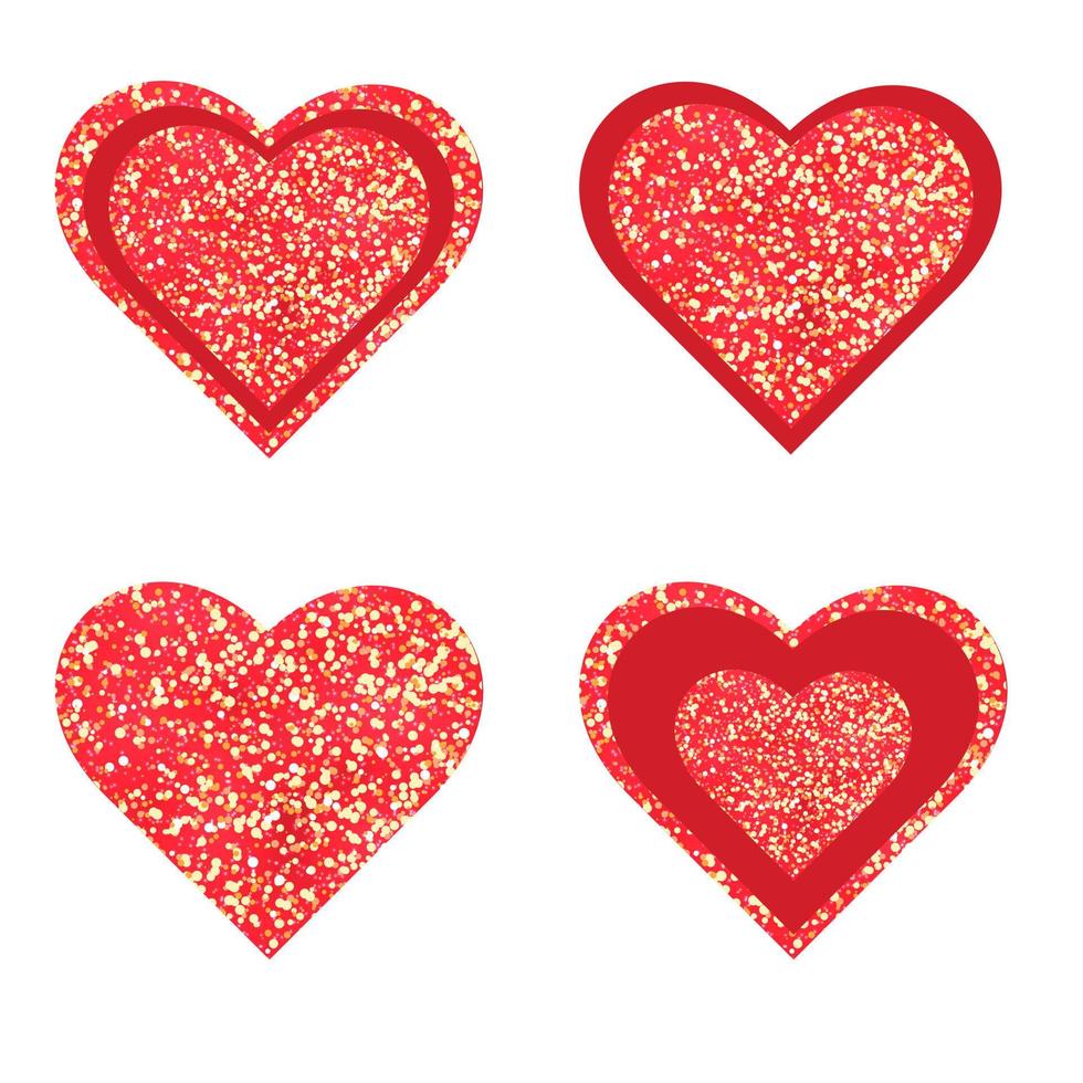 Set red glitter hearts sign sparkles isolated on white background. Valentine Day symbol. Great for valentine and mother's day cards, wedding invitations, party posters and flyers vector
