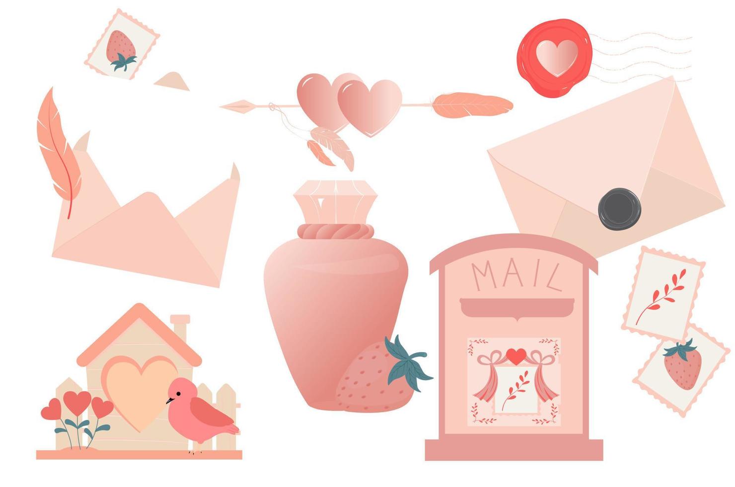 Set Love letter. White card with red paper envelope mockup vector.  Valentine's card vector. Cupid's arrows, love potion, sweet strawberries, birds in love. vector