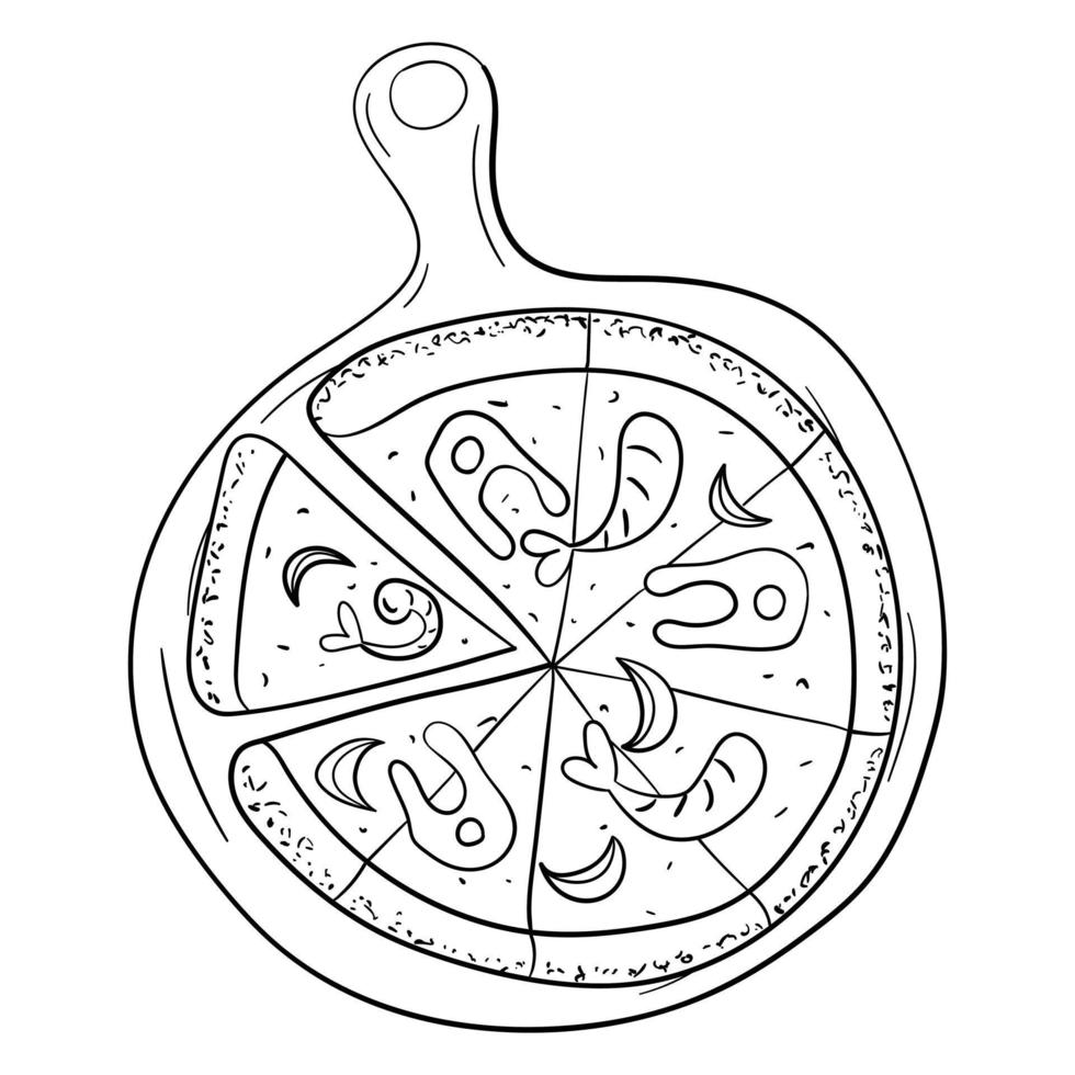 pizza with seafood on a round board line art vector. vector