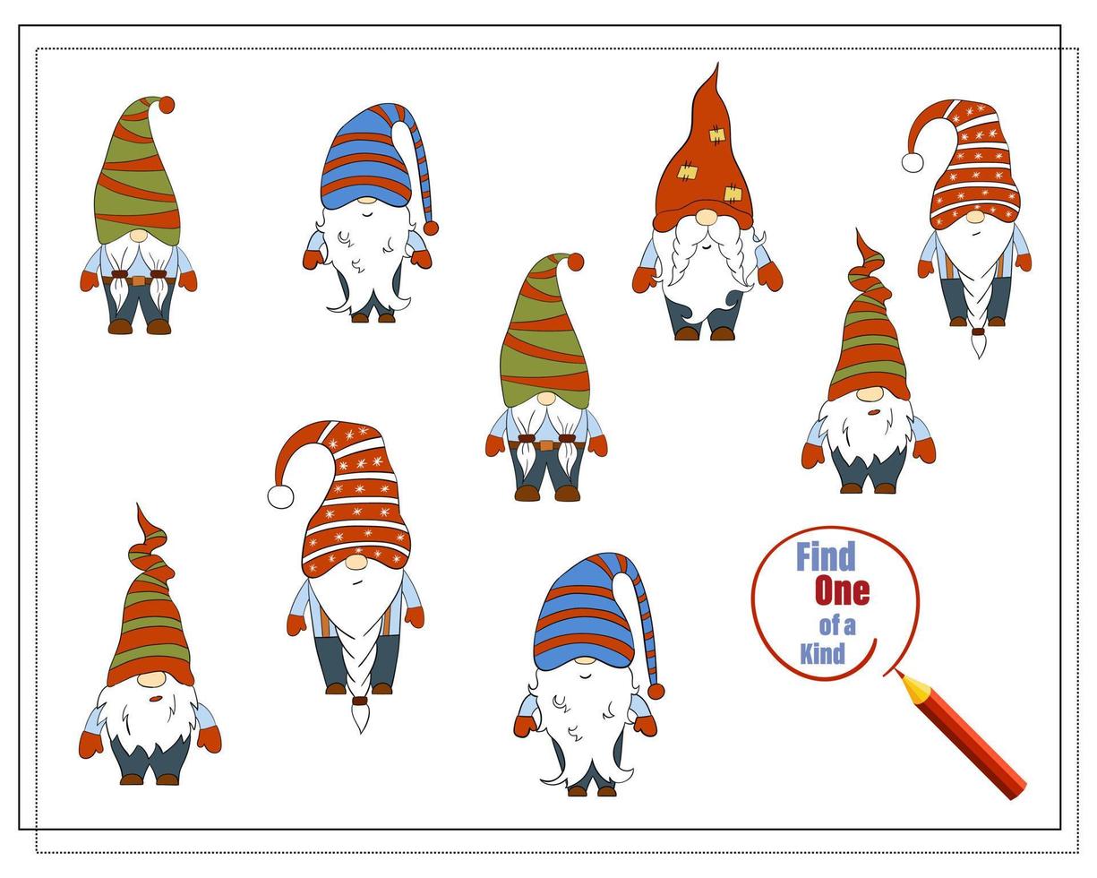 A puzzle game for kids, find the one of a kind. Cartoon Christmas Gnome. vector