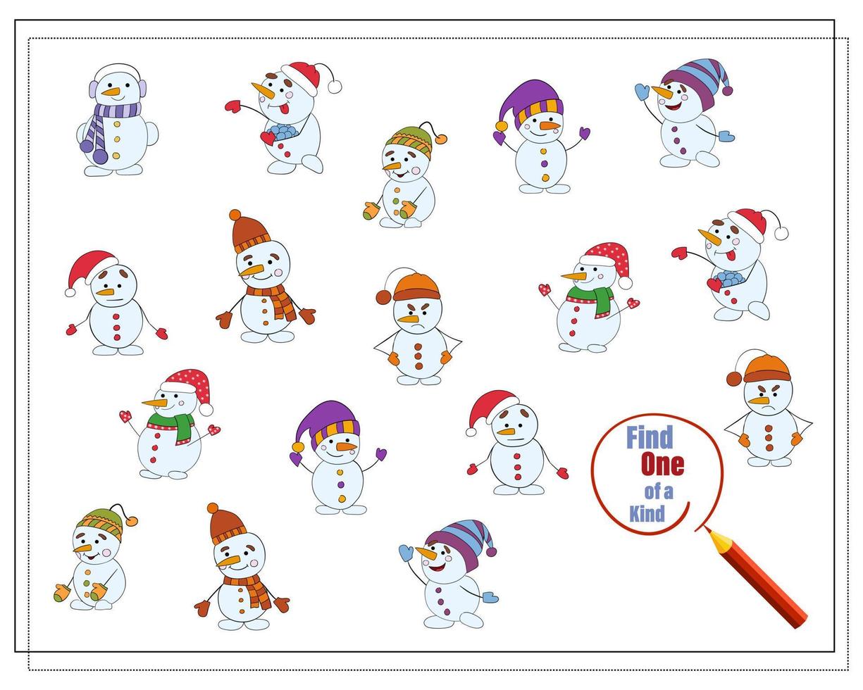 A puzzle game for kids, find the one of a kind. Cartoon Snowman. vector