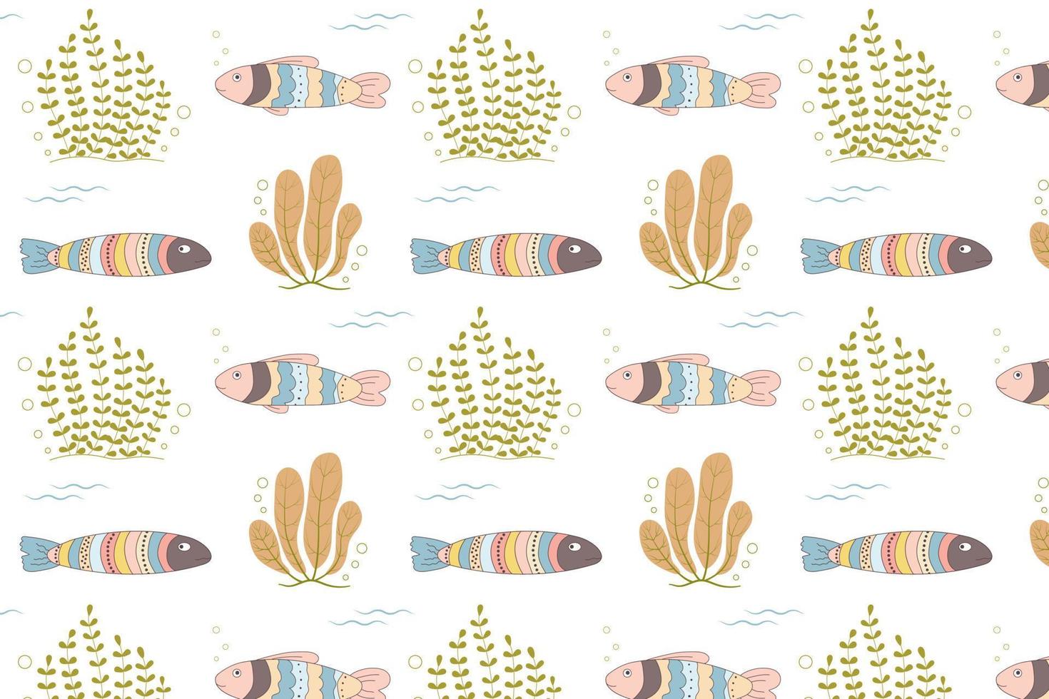Seamless Pattern with Cute fishes and algae. Kids print. Doodles. For textiles, children's clothing, wallpaper, packaging, wrapping paper. Simple flat vector illustration isolated on white background