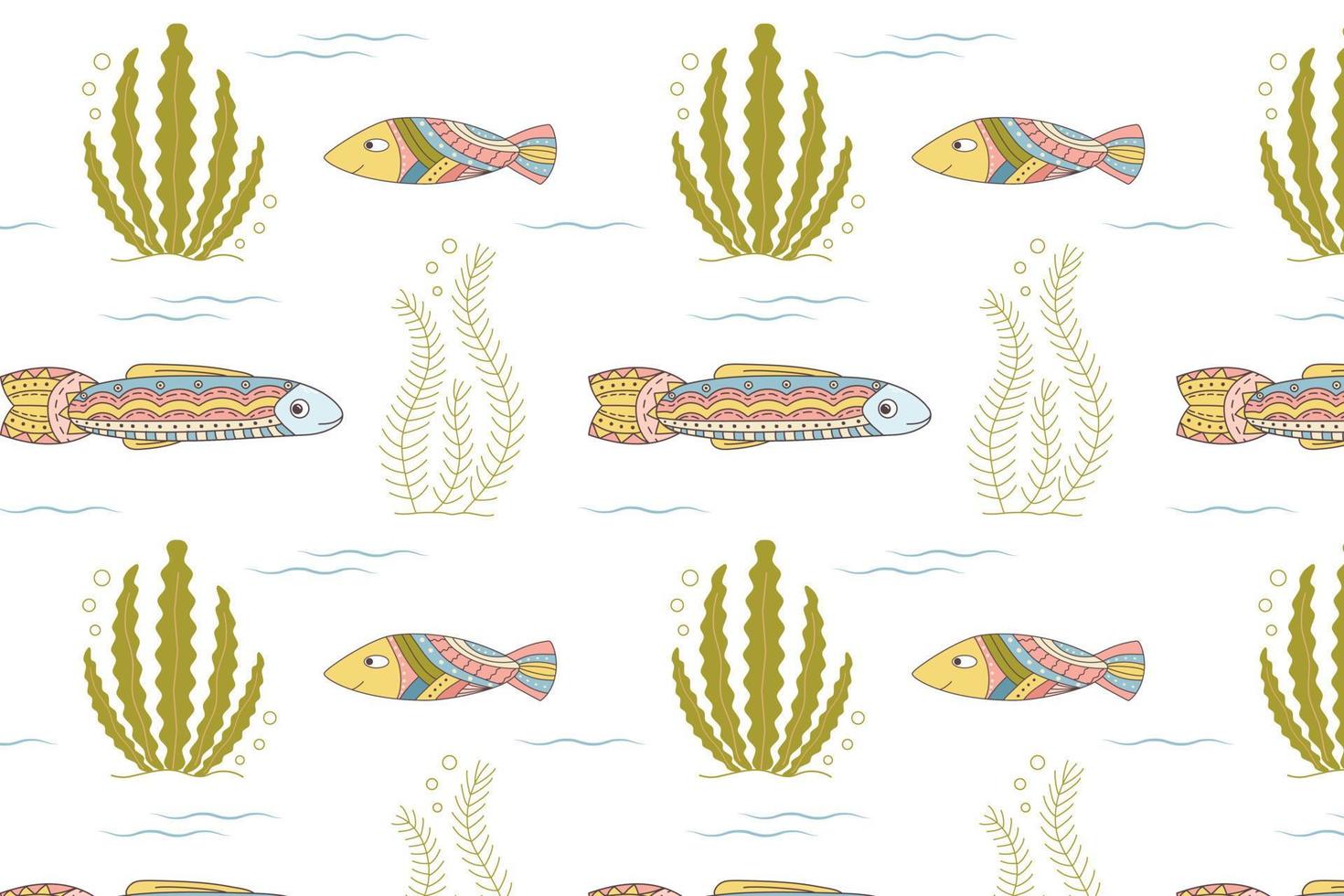 Seamless Pattern with beautiful multicolored fishes and algae. Kids print. Doodles. For textiles, children's clothing, wallpaper, packaging, wrapping paper. Vector illustration