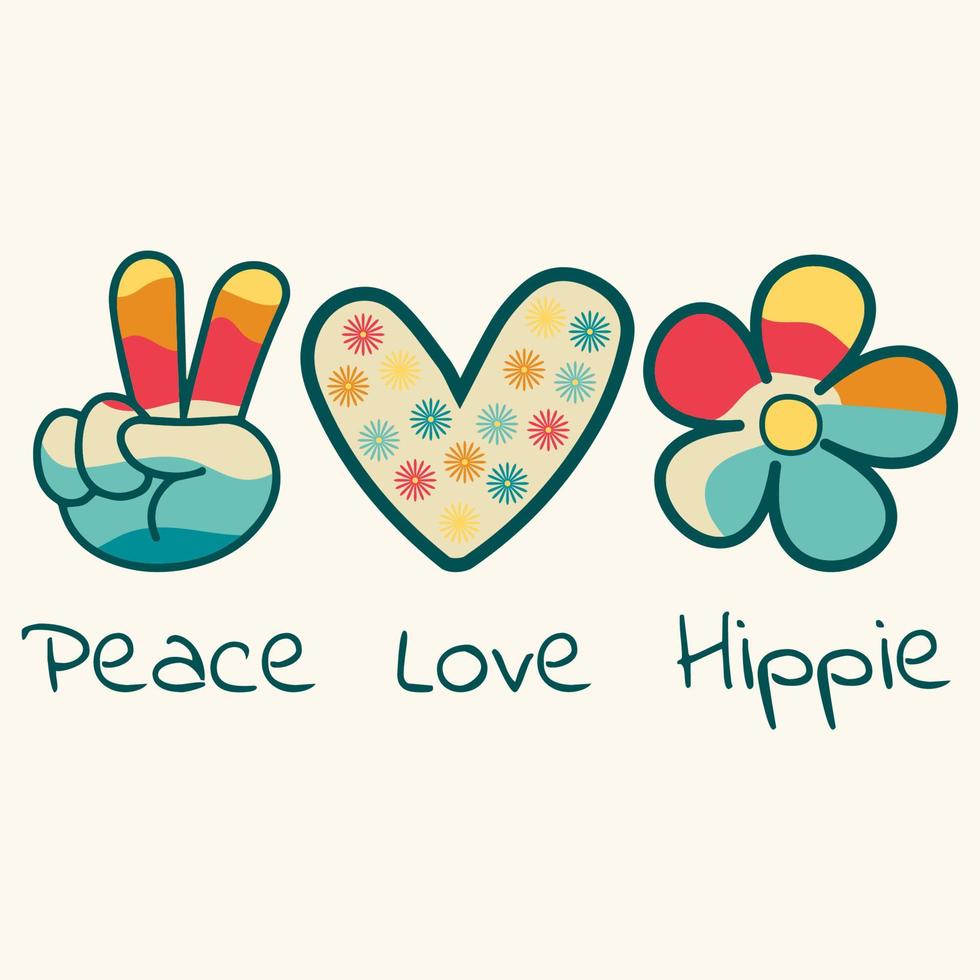 icono, pegatina en estilo hippie con texto amor, paz, hippie y corazón, signo de victoria y flor sobre fondo beige en estilo retro. vector