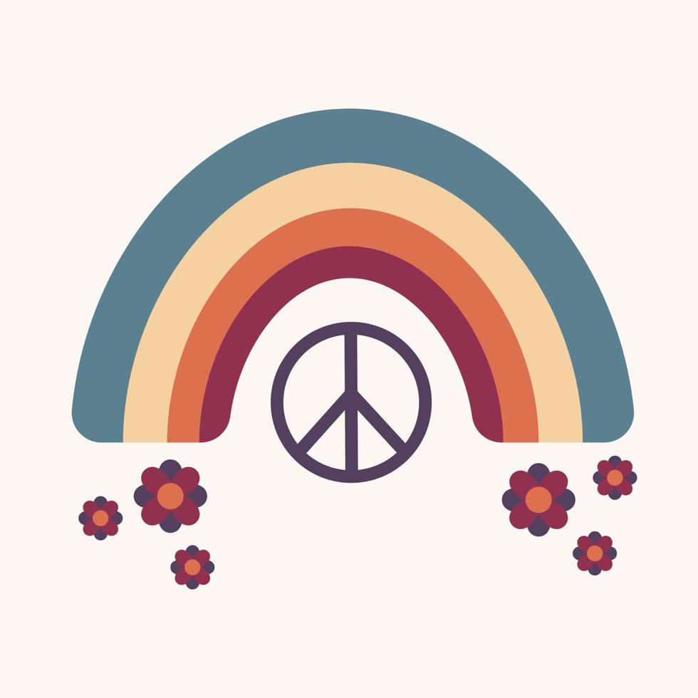 Postcard, banner, button, background with rainbow and peace sign and flowers on a beige background in retro style vector