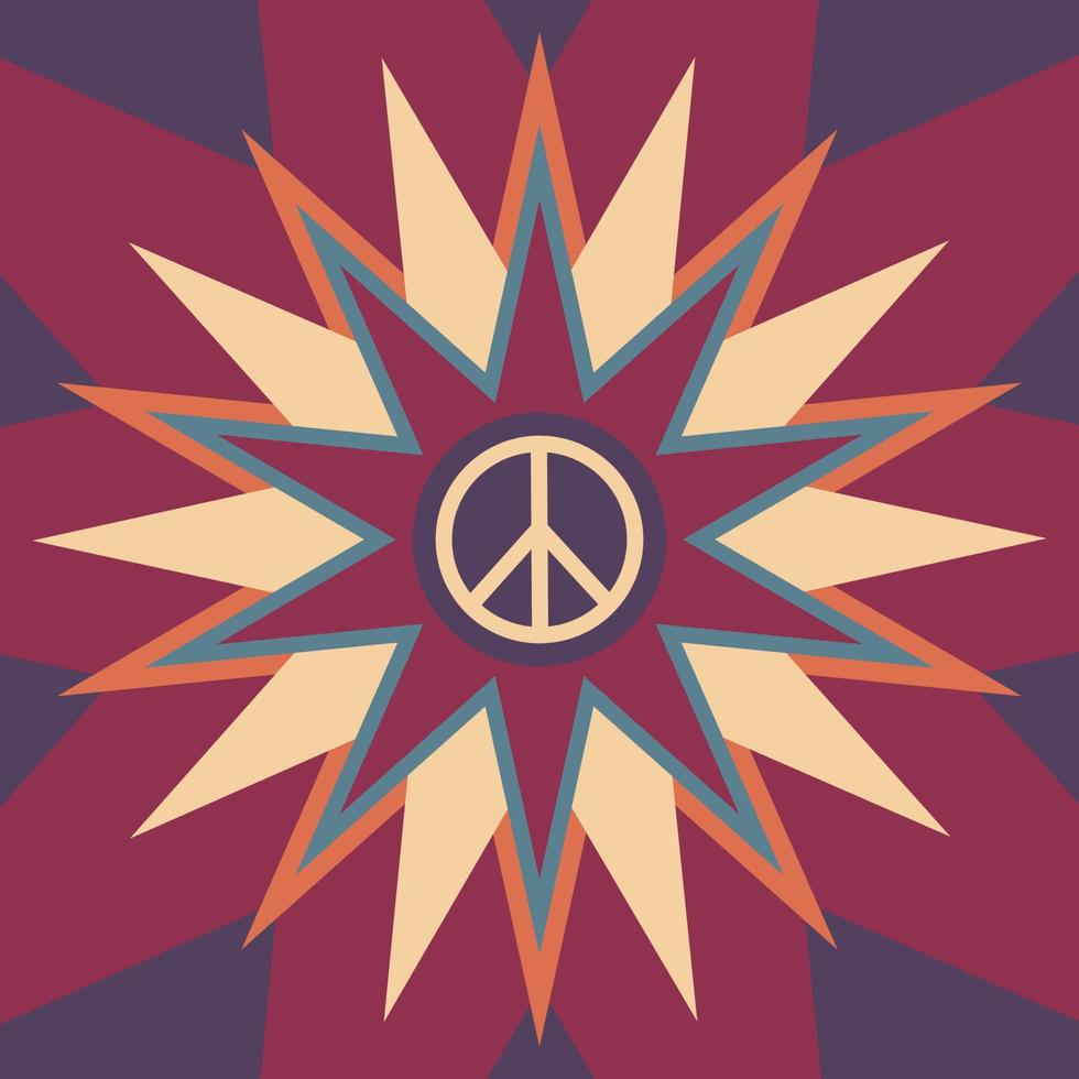 Icon, sticker in the style of a hippie with a sign of peace on the background of colored stars vector