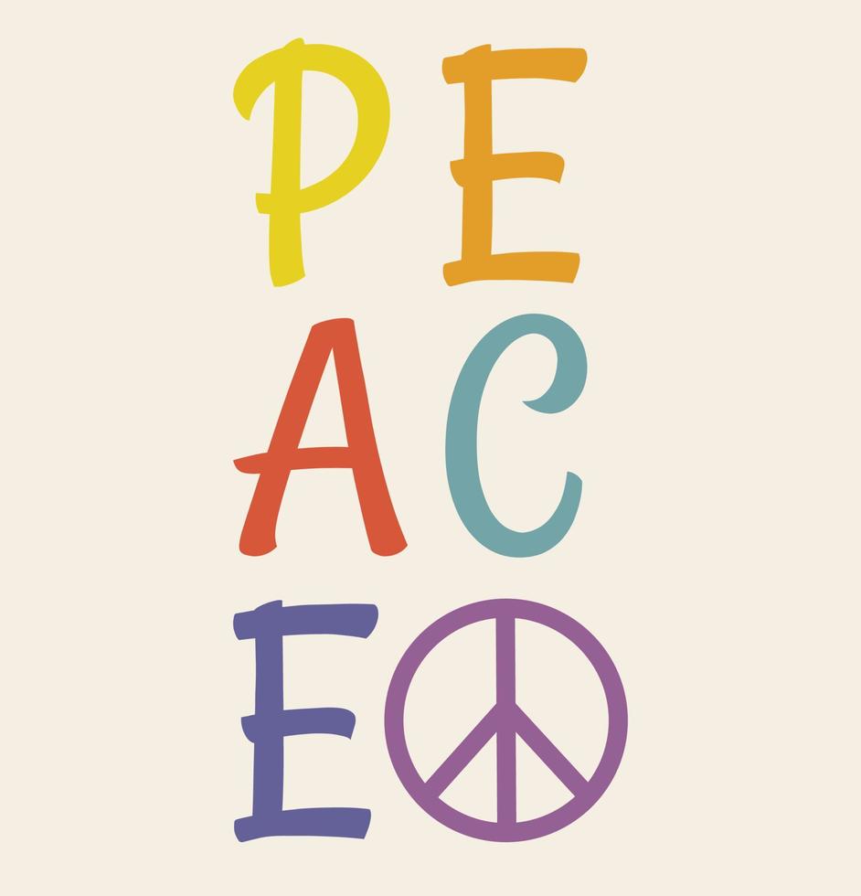 Icon, sticker in hippie style with colored text Peace and peace sign on beige background. Retro style vector