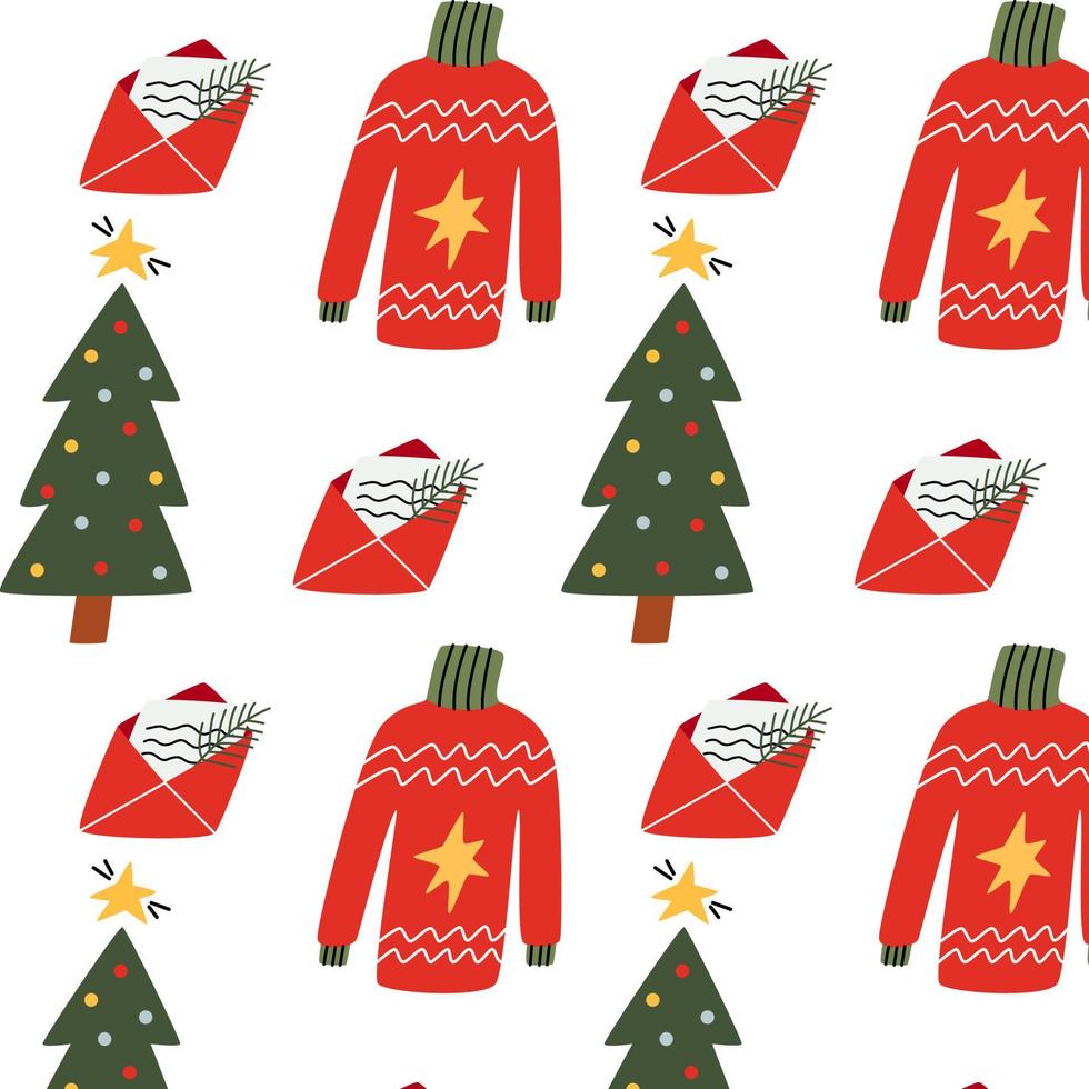 Christmas pattern with christmas tree, sweater and letter. Happy New Year and Merry Xmas background. Winter holidays texture. Vector design for winter holidays.