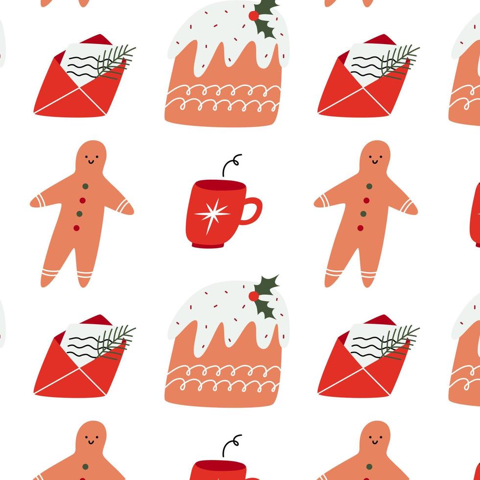 Christmas pattern with pudding, gingerbread man, cup and letter. Happy New Year and Merry Xmas background. Winter holidays texture. Vector design for winter holidays.