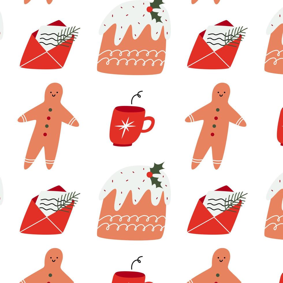 patrón de navidad con pudín, hombre de jengibre, taza y carta. feliz año nuevo y feliz fondo de navidad. textura de vacaciones de invierno. diseño vectorial para vacaciones de invierno. vector