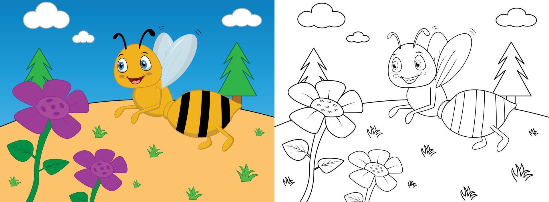 Página para colorear de abeja de dibujos animados lindo con ilustración de vector de arte de línea