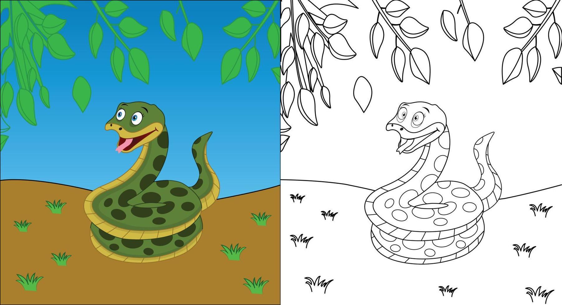 Cute cartoon snake coloring page with line art vector illustration