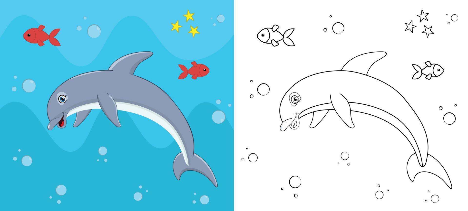 Cute cartoon dolphin coloring page with line art vector illustration