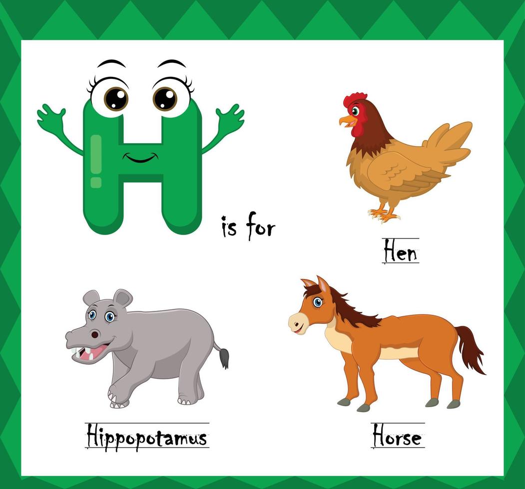 vector de letra h, alfabeto h para gallina, hipopótamo, animales de hora, alfabetos ingleses aprenden concepto.