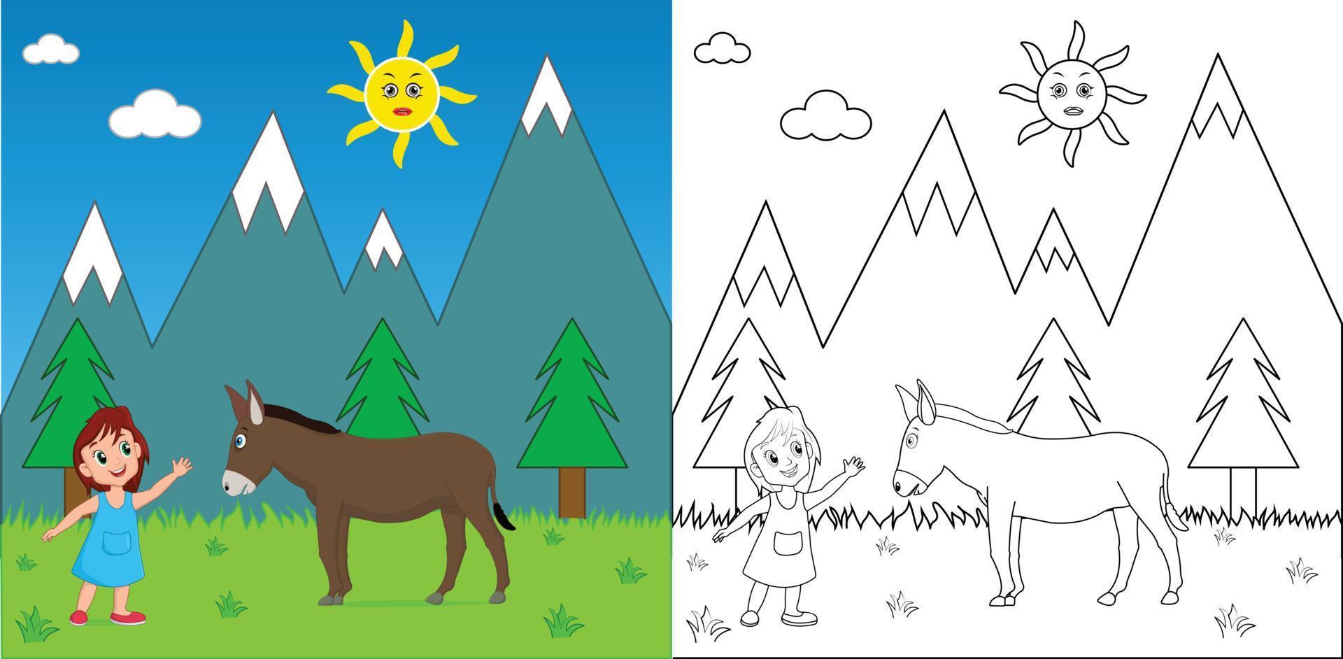 Cute cartoon donkey coloring page with line art vector illustration