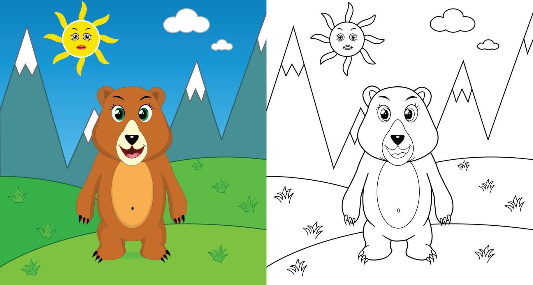 página para colorear de oso de dibujos animados lindo de vida silvestre con ilustración de vector de arte lineal