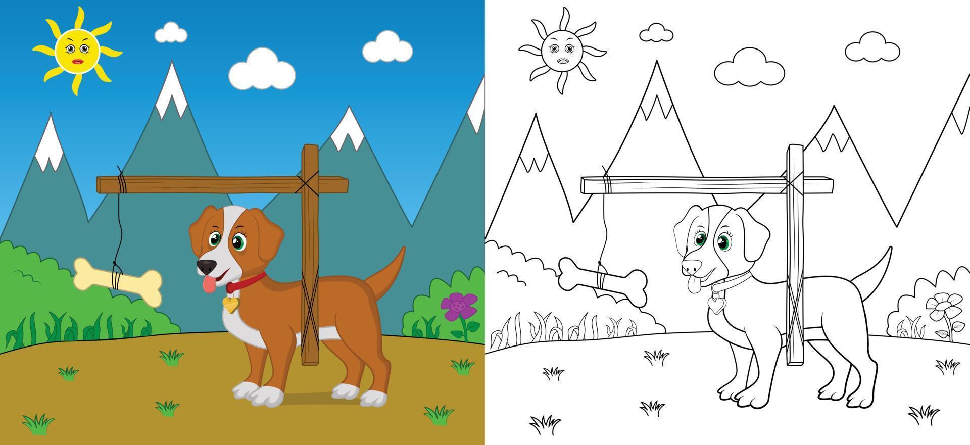 Cute cartoon dog coloring page with line art vector illustration