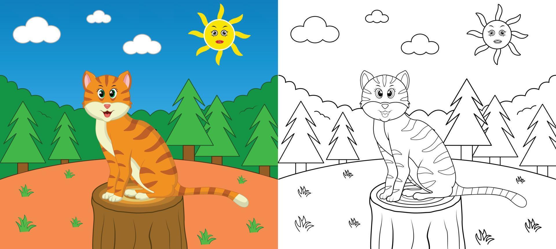 Wildlife cute cartoon cat coloring page with line art vector illustration
