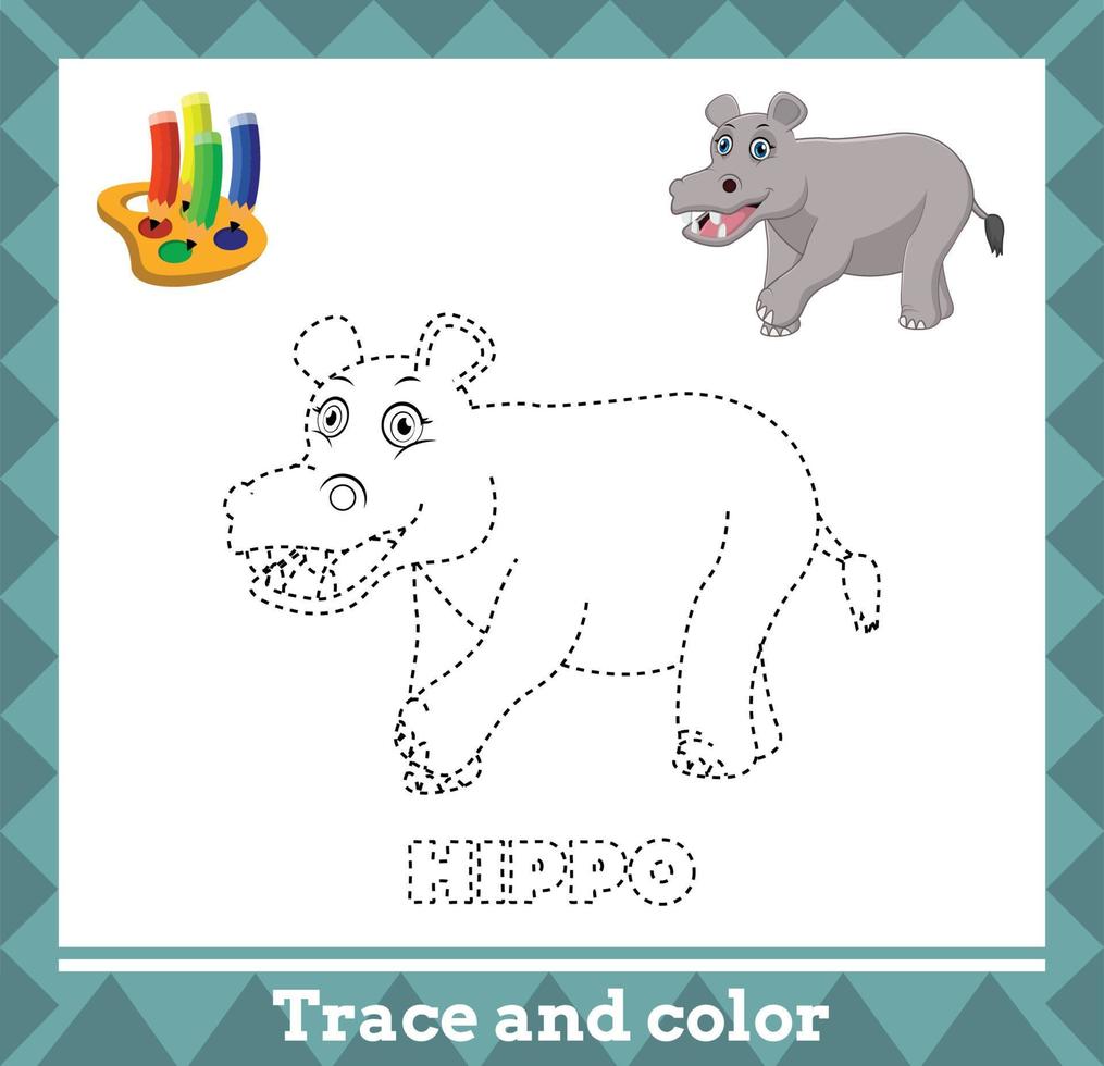 Trace and color for kids, hippo vector kids activity page